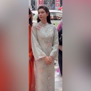 Ao dai cach tan suong to theu, Vietnamese contemporary dress set blue l m 4 2 🎁